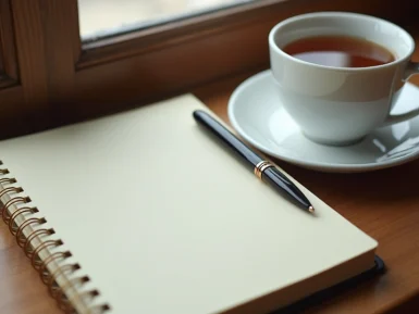 Notebook and tea representing reflective counselling space